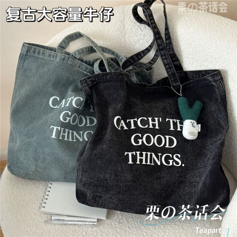 Washed Lettering Denim Tote Bag / Charm / Set