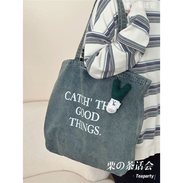 Washed Lettering Denim Tote Bag / Charm / Set - With Green