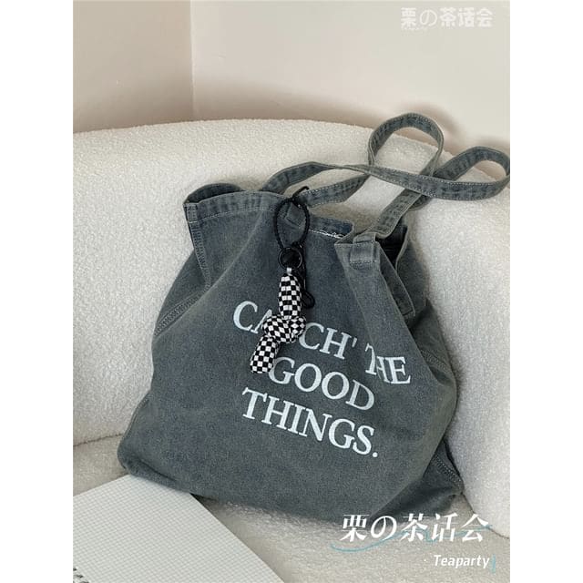 Washed Lettering Denim Tote Bag / Charm / Set - With Knot