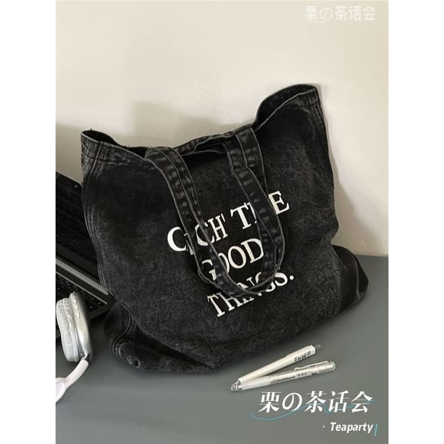 Washed Lettering Denim Tote Bag / Charm / Set - Without Bag