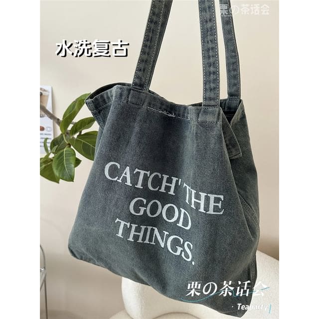 Washed Lettering Denim Tote Bag / Charm / Set - Without Bag