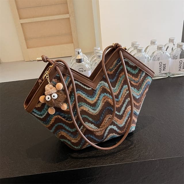 Wavy Striped Tote Bag / Bag Charm / Set - With Charm