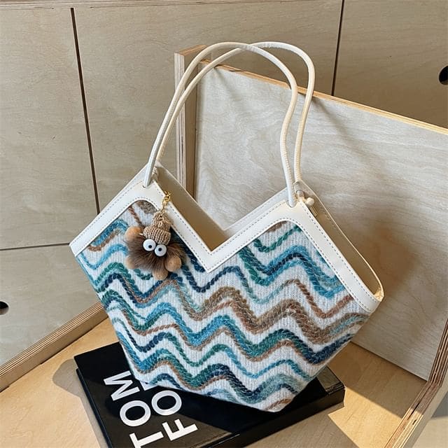 Wavy Striped Tote Bag / Bag Charm / Set - With Charm