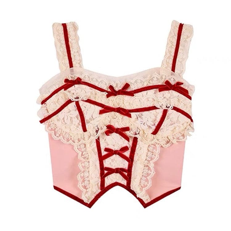White and Red Lace Corset Top - S / Pink/red - Tops