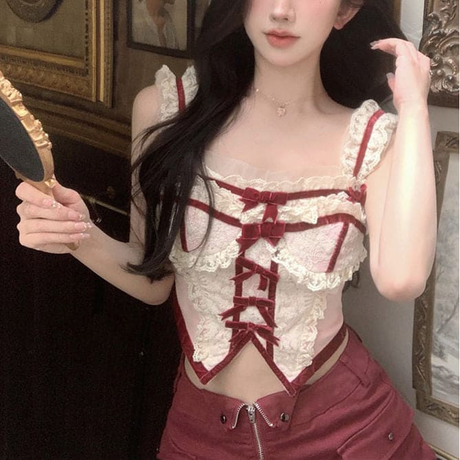 White and Red Lace Corset Top - Tops