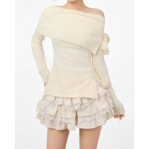 White Bow Knit Shoulder Sweater - Sweater