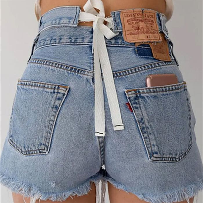 White Bow Tie Denim Shorts - Shorts