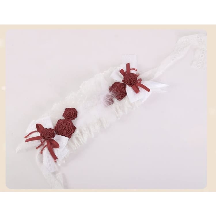 White Bowknots with Red Rosettes and Beads Hairband - White