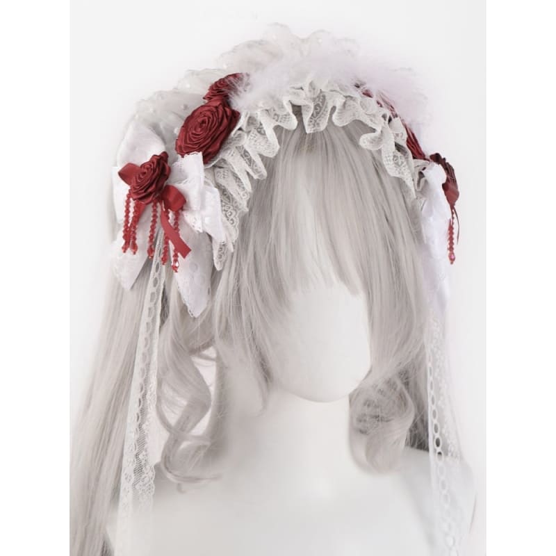 White Bowknots with Red Rosettes and Beads Hairband - White