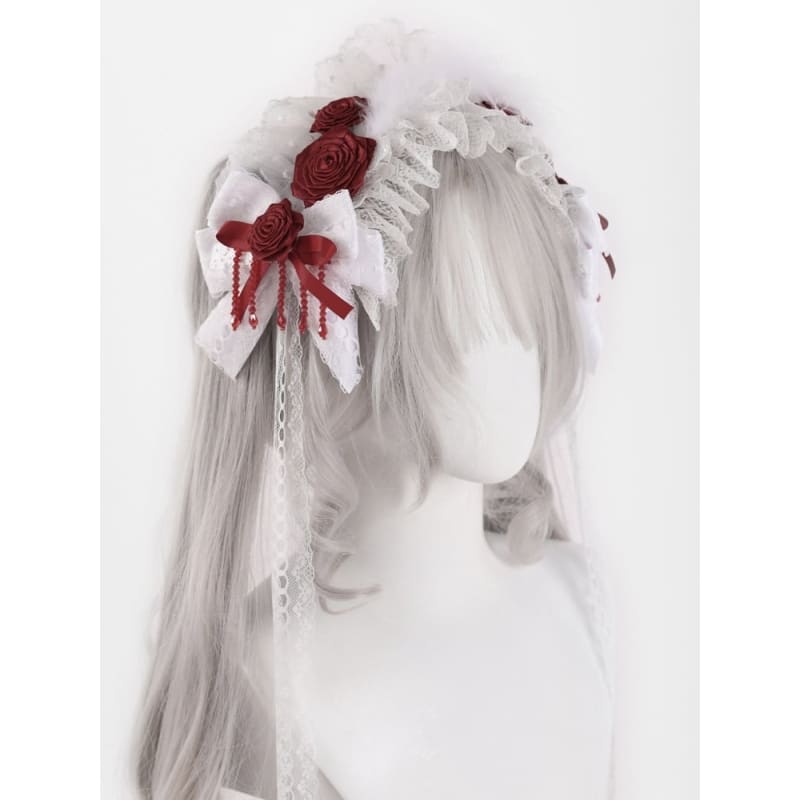 White Bowknots with Red Rosettes and Beads Hairband - White