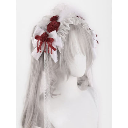 White Bowknots with Red Rosettes and Beads Hairband - White