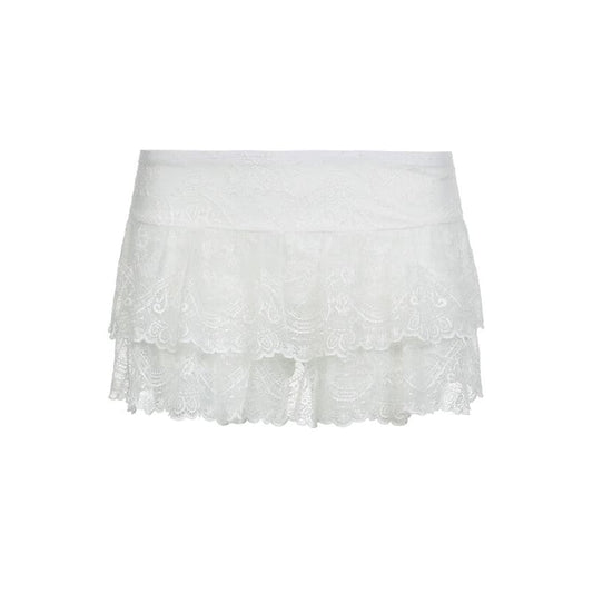 White Elegant Floral Lace Skirt - mini skirts