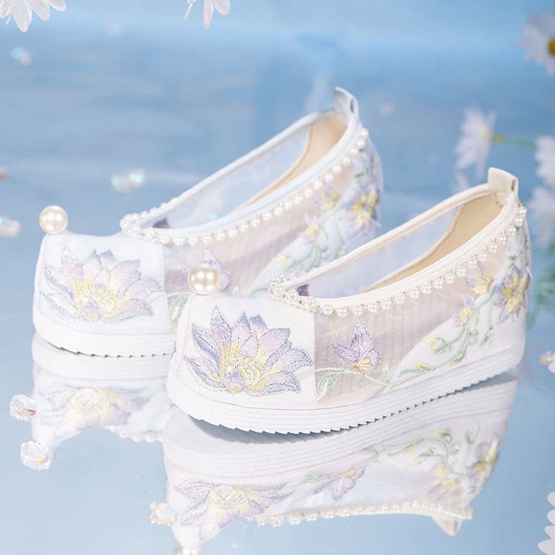 White Floral Embroidery Pearl Decor Mesh Shoes - White / 35