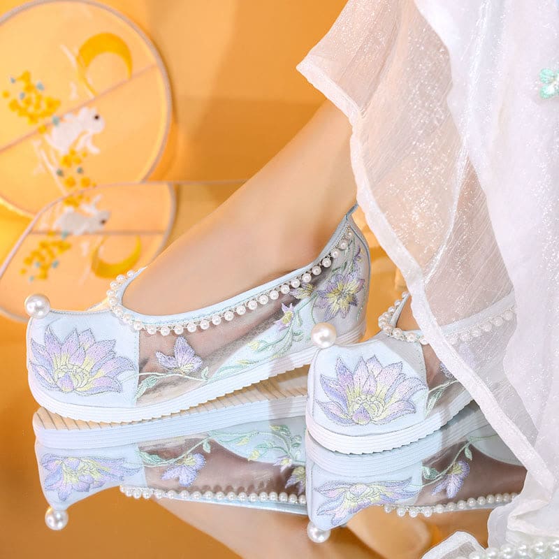 White Floral Embroidery Pearl Decor Mesh Shoes