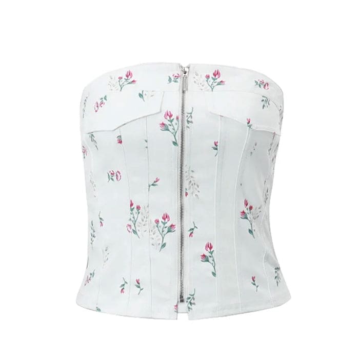 White Floral Zip Up Corset Top - S / White - Tops
