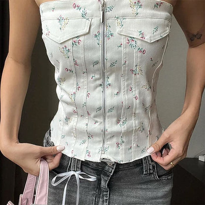 White Floral Zip Up Corset Top - Tops