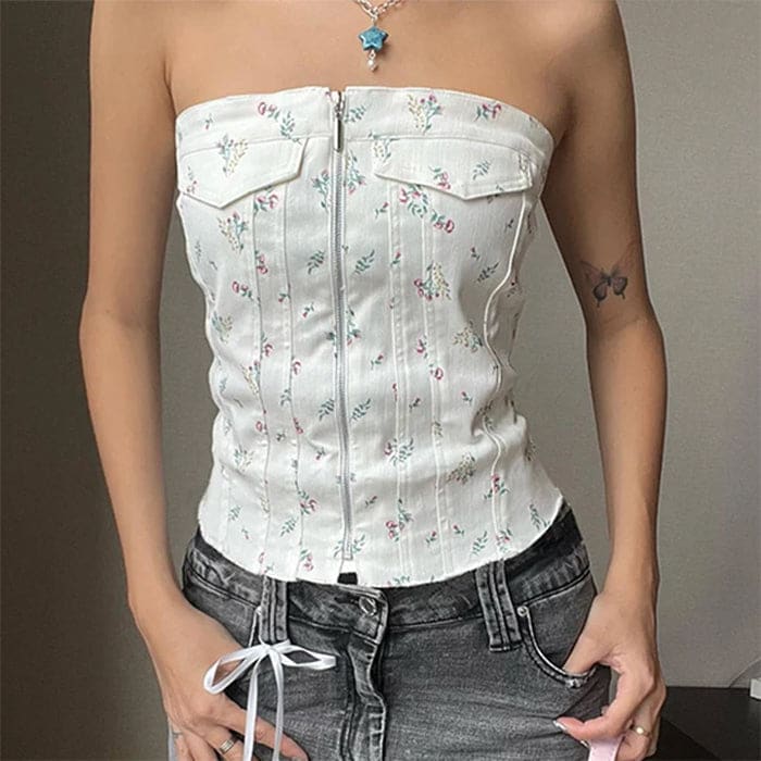 White Floral Zip Up Corset Top - Tops