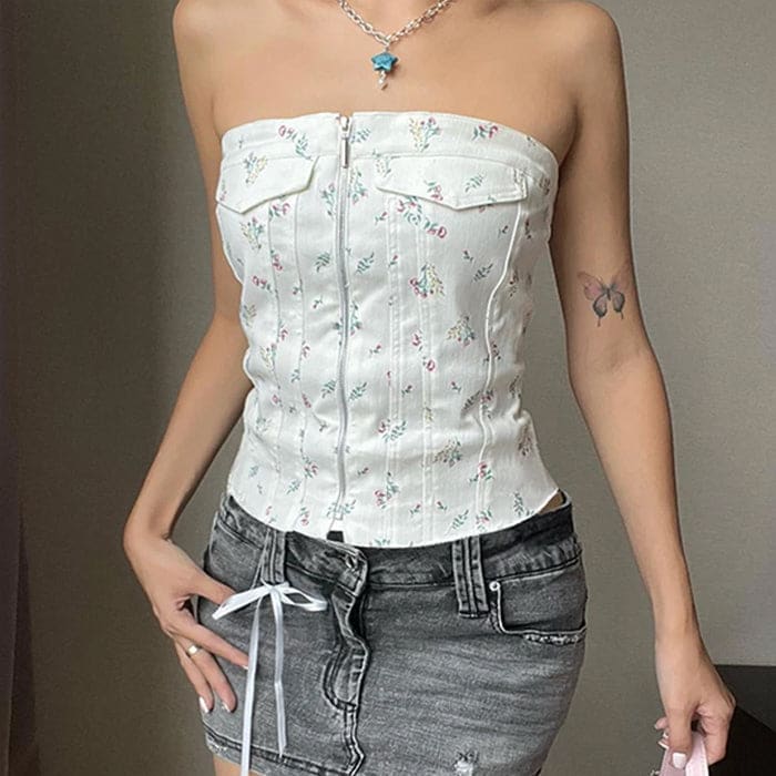 White Floral Zip Up Corset Top - Tops