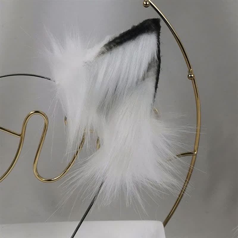 White Furry Fox Ears Tail Headband Accessory