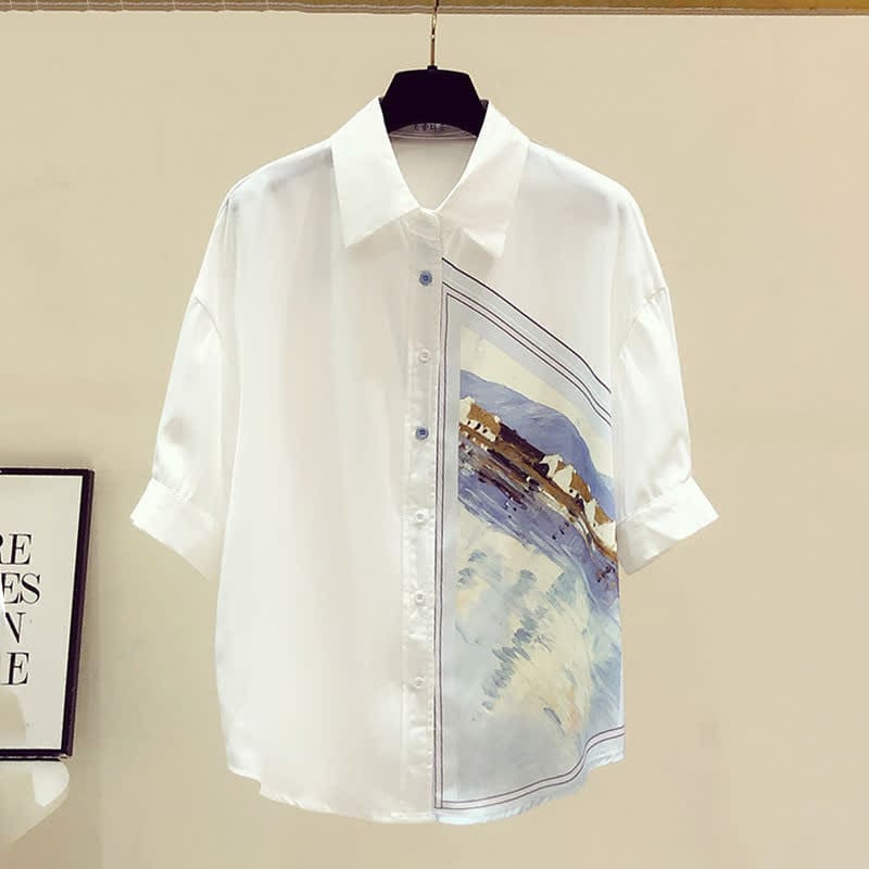 White Irregular Painting Print Chiffon Lapel Shirt - White