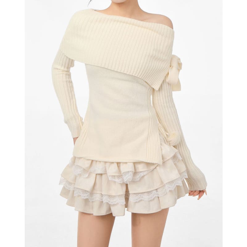 White Knit Shoulder Sweater - Sweater