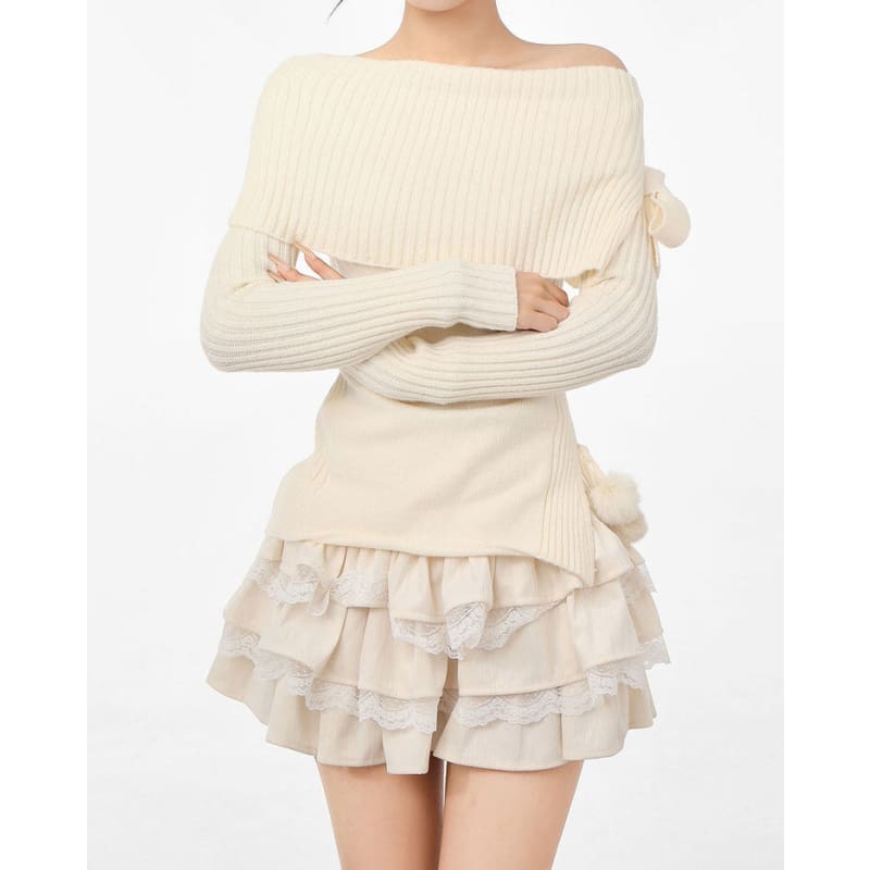 White Knit Shoulder Sweater - Sweater