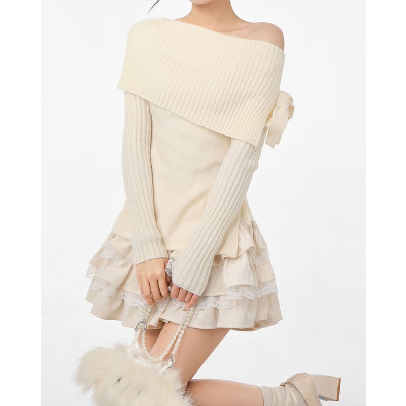 White Knit Shoulder Sweater - Sweater