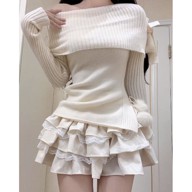 White Knit Shoulder Sweater - Sweater