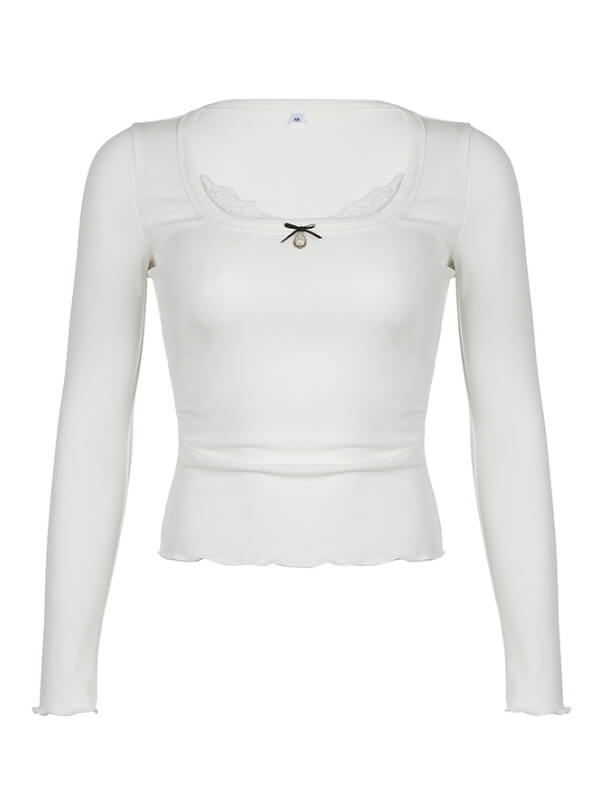 White Lace Pearl Decoration Top - long sleeve tops