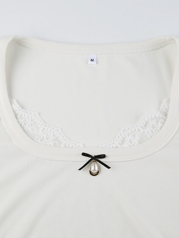 White Lace Pearl Decoration Top - long sleeve tops