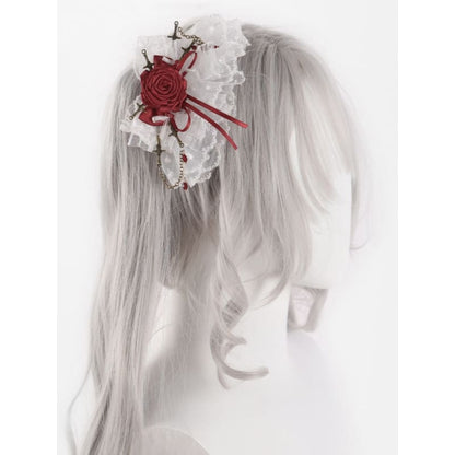 White Lace Red Rosette Bowknot Hairclips