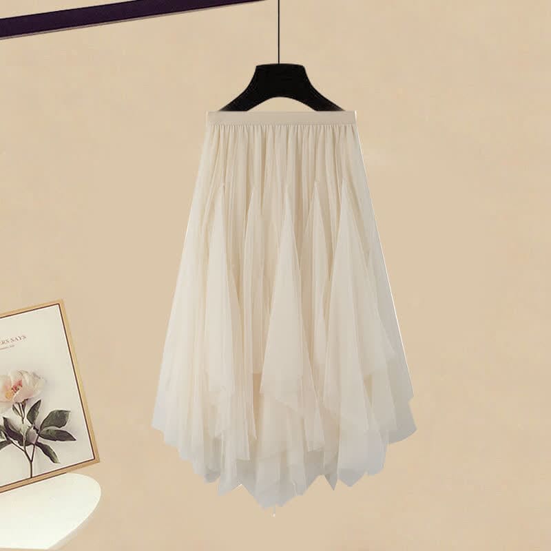 White Lace Up Polo T-Shirt Irregular Tulle Skirt - Apricot