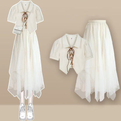 White Lace Up Polo T-Shirt Irregular Tulle Skirt - Apricot