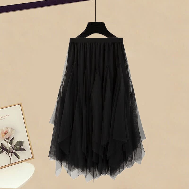 White Lace Up Polo T-Shirt Irregular Tulle Skirt - Black