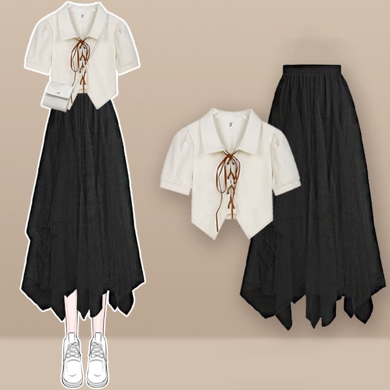 White Lace Up Polo T-Shirt Irregular Tulle Skirt - Black