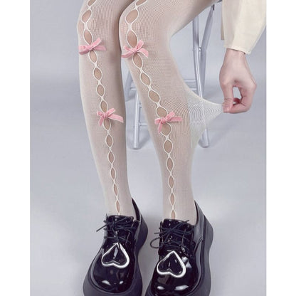 White Pink Bow Nylon Tights - Tights