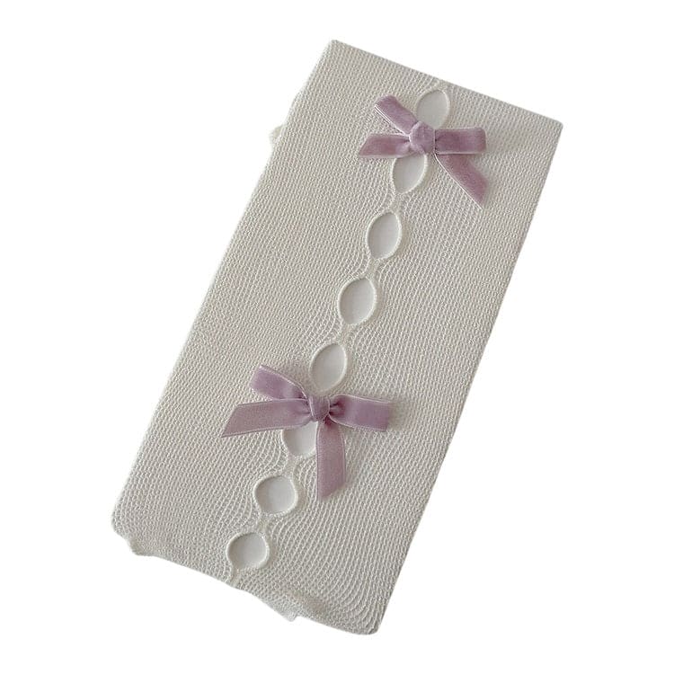 White Pink Bow Nylon Tights - Standart / White/lavender