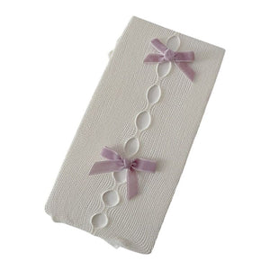 White Pink Bow Nylon Tights - Standart / White/lavender