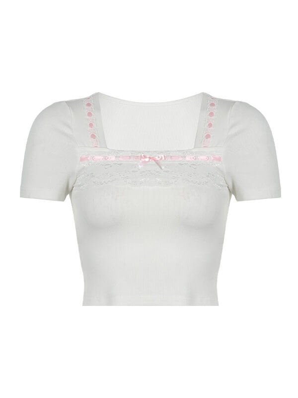 White Pink Lace Top - short sleeve tops