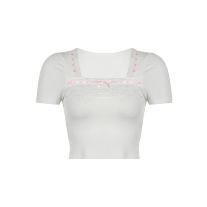 White Pink Lace Top - short sleeve tops