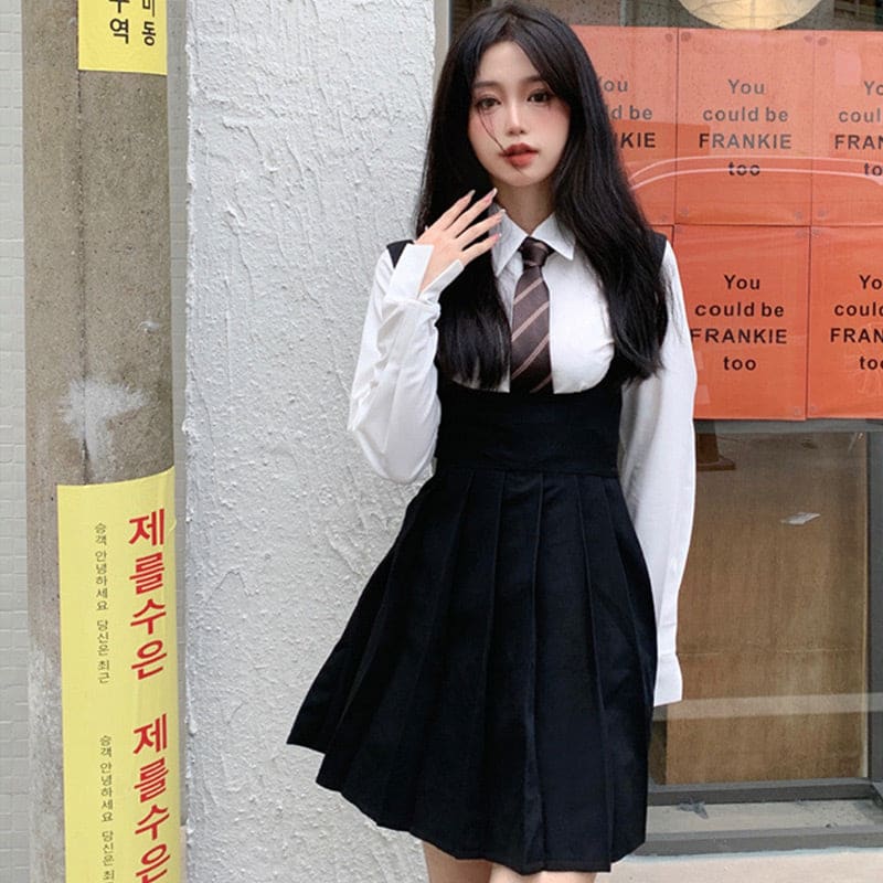 White Shirt Pleated Suspender Skirts Tie Set