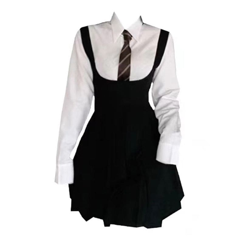 White Shirt Pleated Suspender Skirts Tie Set - White &