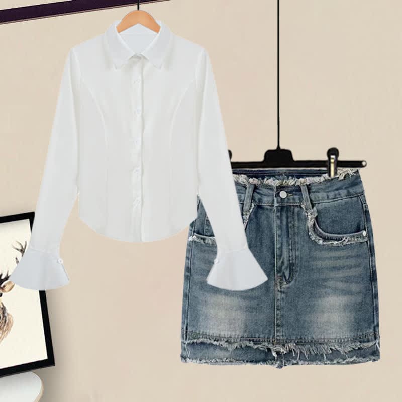 White Sleeve Lapel Lace Up Shirt Denim Skirt Set - Set / M