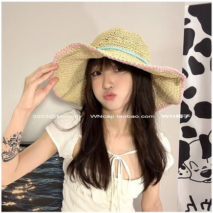 Wide Brim Summer Straw Hat With Blue Band