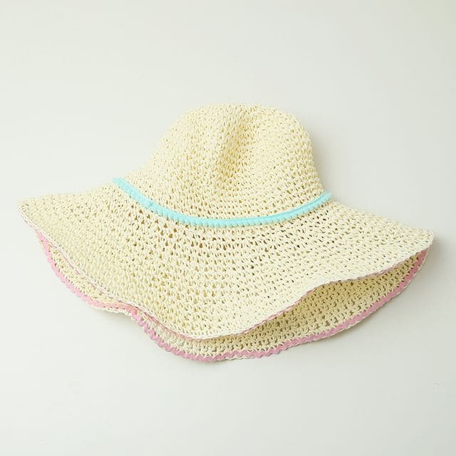 Wide Brim Summer Straw Hat With Blue Band - Milky White