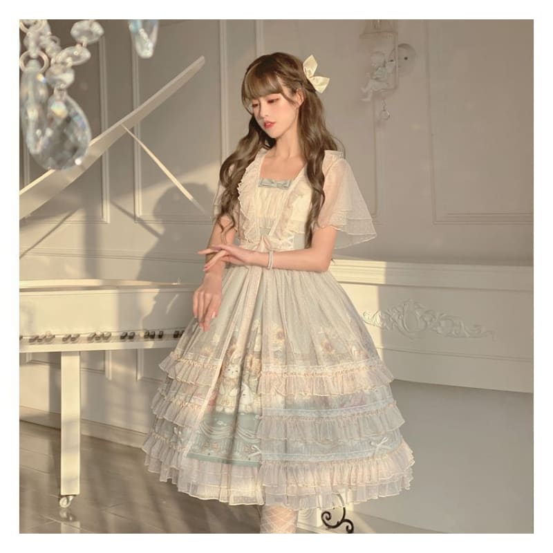 Wide Strap Floral Print Midi A-Line Layered Lolita Dress