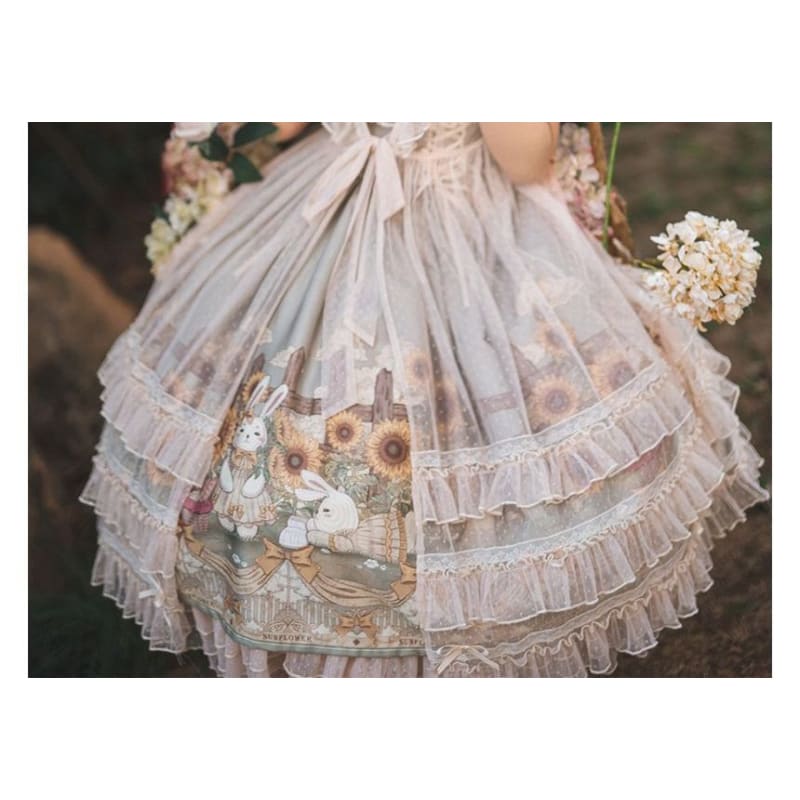 Wide Strap Floral Print Midi A-Line Layered Lolita Dress