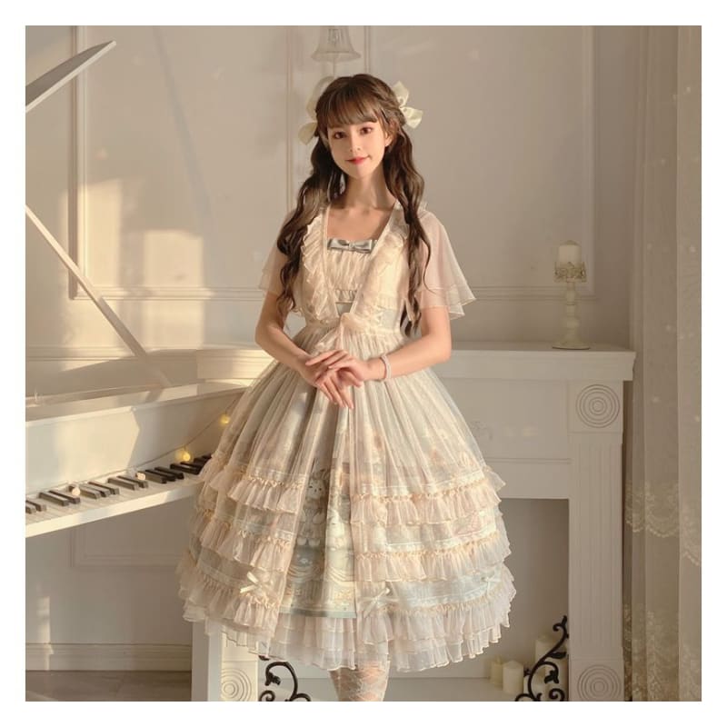 Wide Strap Floral Print Midi A-Line Layered Lolita Dress