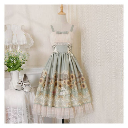 Wide Strap Floral Print Midi A-Line Layered Lolita Dress