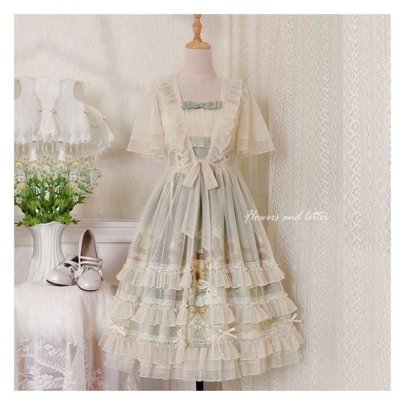 Wide Strap Floral Print Midi A-Line Layered Lolita Dress